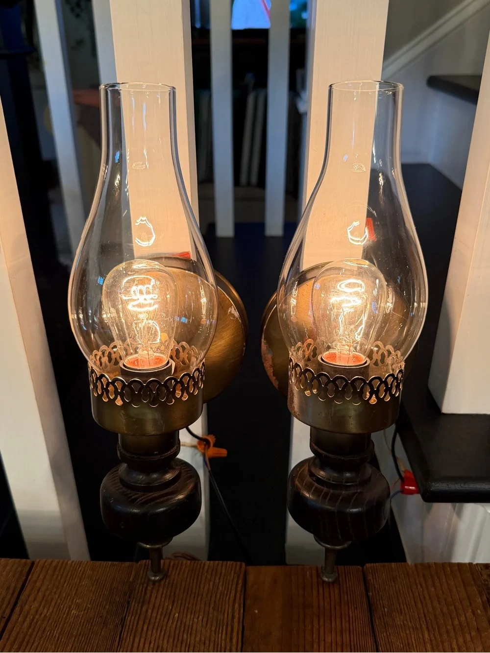 Pair of Vintage BOHO Farmhouse Brass Wall Sconces with Clear Glass Chimneys
